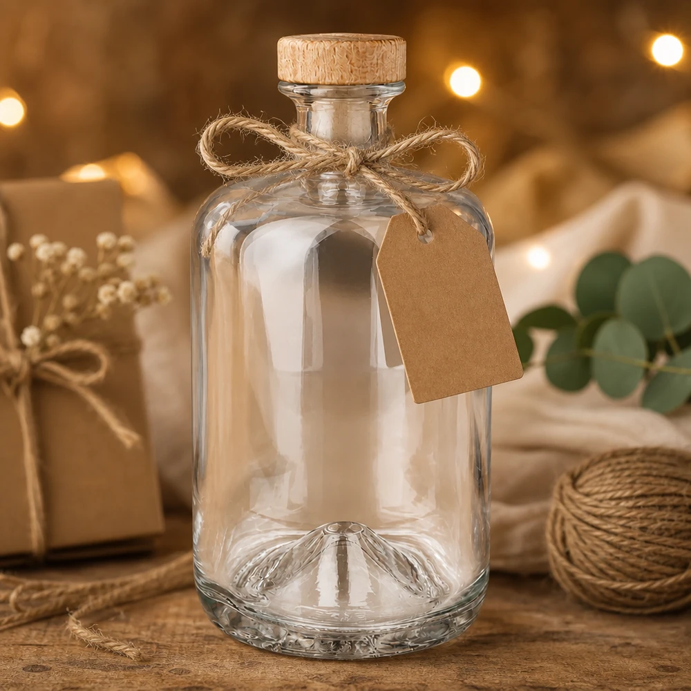 Botella de cristal Sofía de 700 ml con tapón de corcho y etiqueta de regalo en decoración rústica con yute y luces de hadas