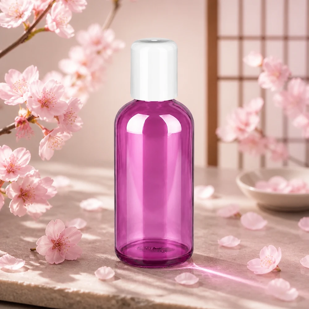 Frasco roll-on púrpura transparente de 100 ml con tapa blanca para dispensar fácilmente los productos de cuidado