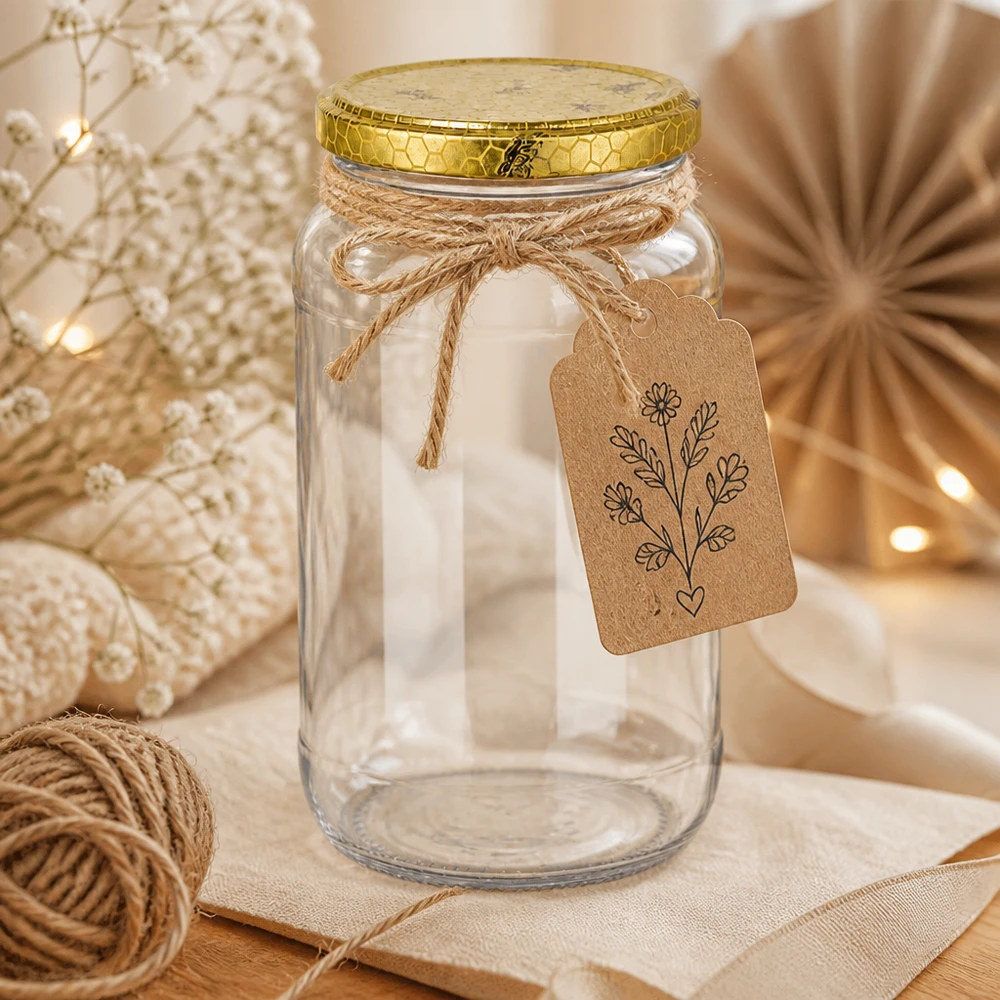 1062ml tarro redondo vacio con tapa de panal dorada y etiqueta de regalo decoracion rustica artesania hilo