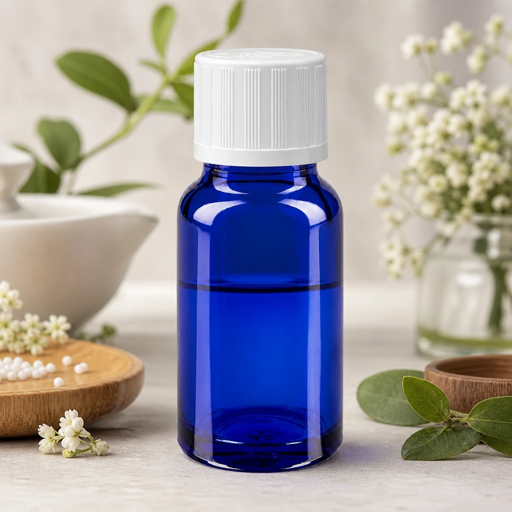Frasco cuentagotas azul de 10 ml con tapón de seguridad para niños de color blanco, entre plantas aromáticas y flores