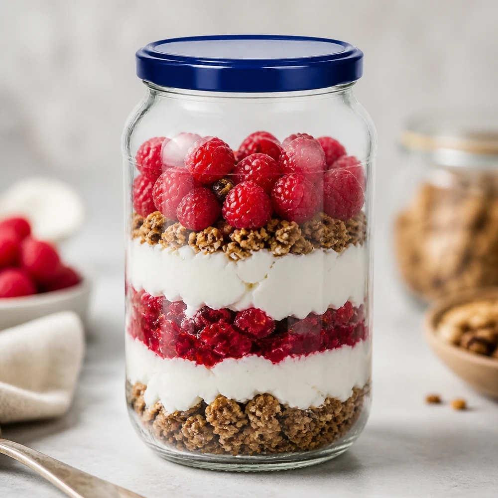1062ml tarro redondo BasicSeal tapa azul UNiTWIST postre parfait postre en capas yogur bayas granola postre