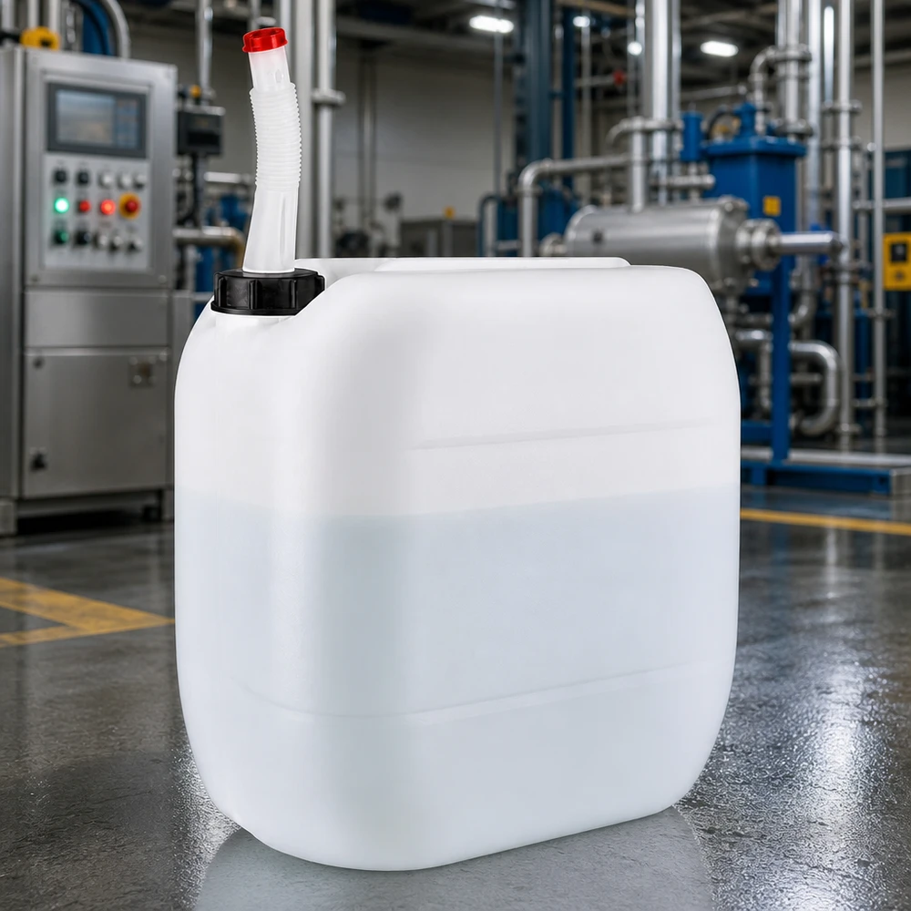 Bidón de 30 litros con tubo de salida flexible Bidón industrial de 30 litros con tubo de salida flexible en uso frente a una línea de producción