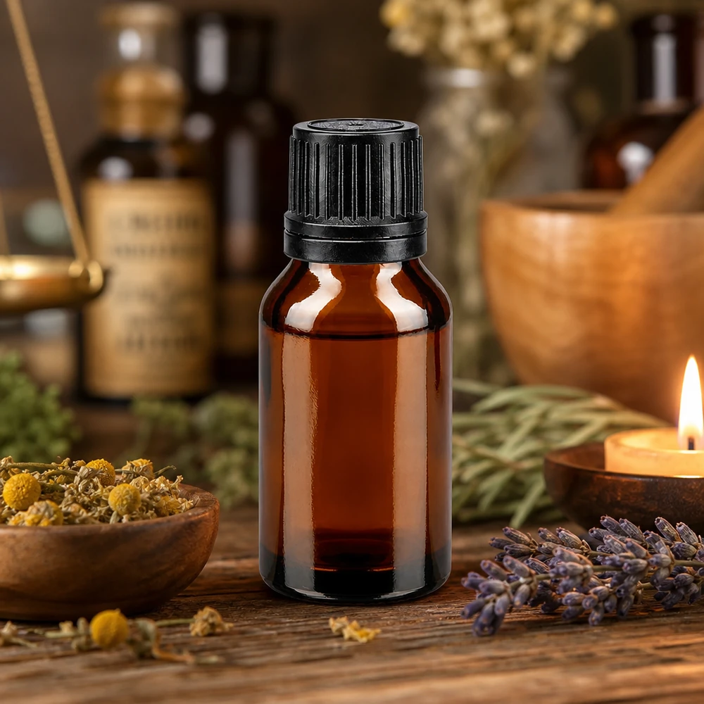 Botella de farmacia marrón 15ml tapón cuentagotas anillo vertedor 1mm negro cierre inviolable Frasco de farmacia de 15 ml, de color marrón, con tapón de rosca negro y gotero, junto a hierbas y una vela