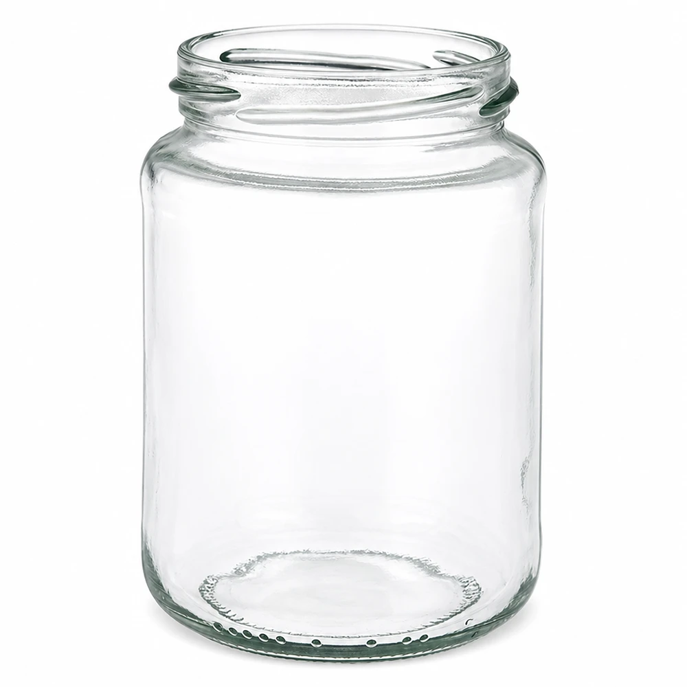 Tarro redondo de 382ml sin tapa (TO66) UNiTWIST Vaso redondo vacío UNiTWIST Runda382 382ml con rosca TO66 transparente sobre fondo blanco