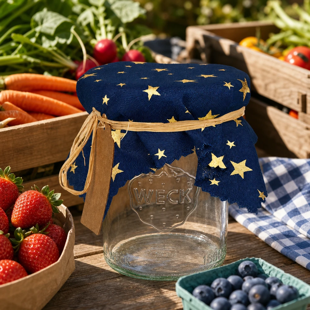 Alfombra de tela para bisutería "estrellas" azul 15cm cuadrado Blonda decorativa azul con estrellas doradas sobre un tarro Weck rodeado de frutas y verduras frescas 15cm cuadrado
