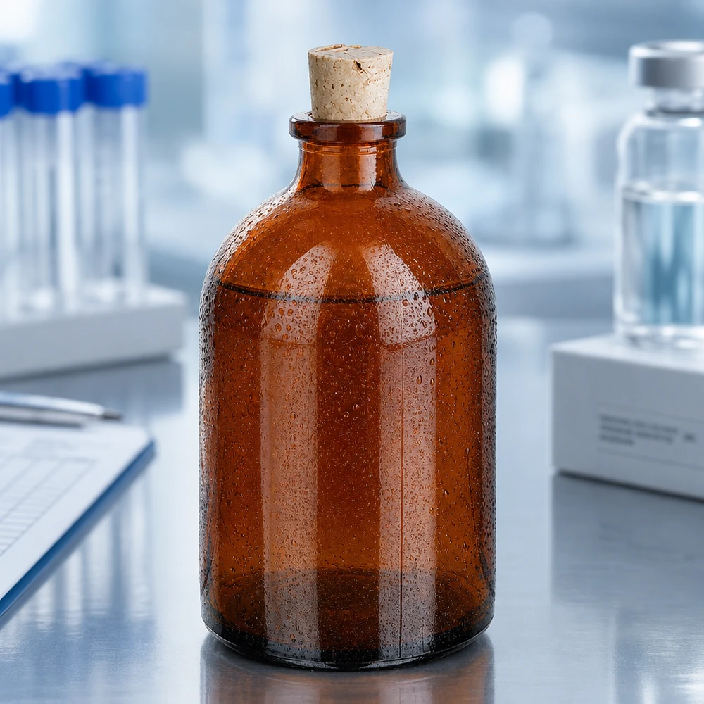 Botella de vidrio ámbar 100ml con corcho 11/14mm Robuste Reagenzflasche 100ml aus braunem Borosilikatglas mit traditionellem Korkstopfen