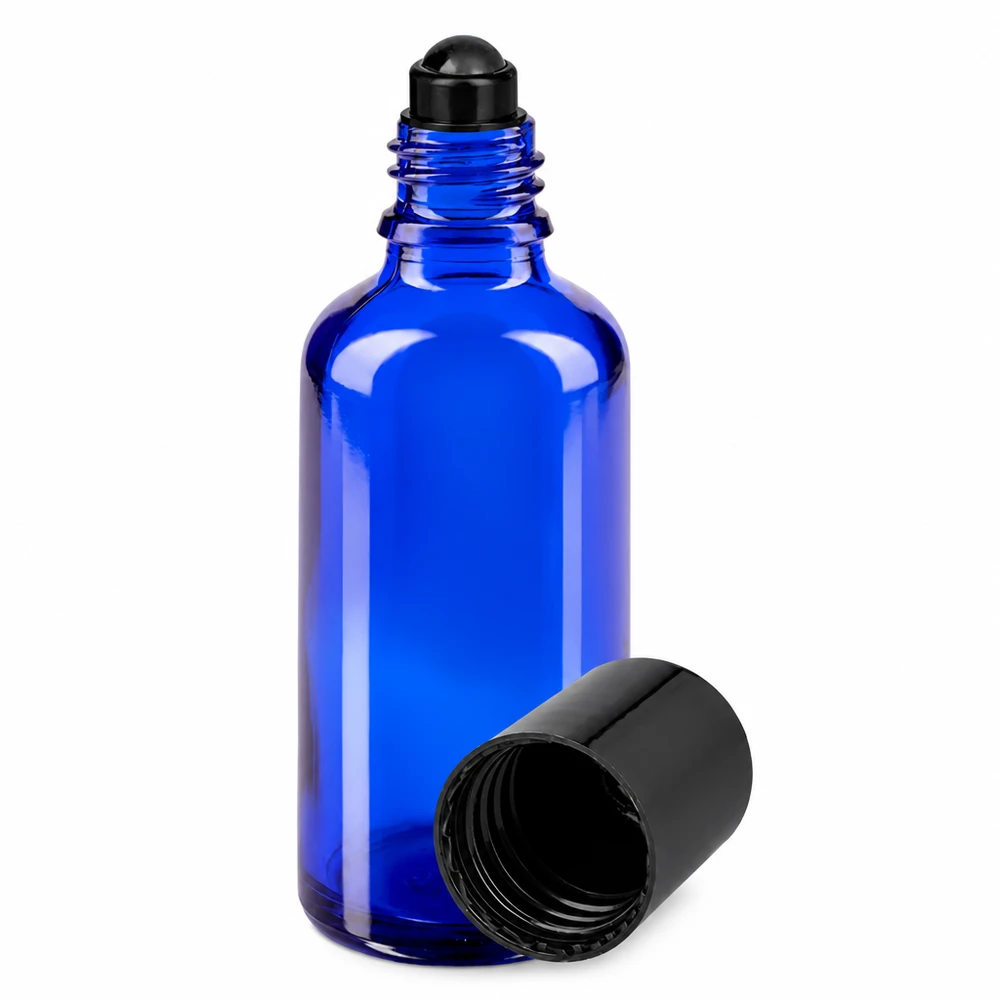 Botella de farmacia azul 50ml tapón roll-on negro Frasco azul de 50 ml con aplicador de bola, fabricado en vidrio de farmacia, con aplicador de bola negro y tapón de rosca