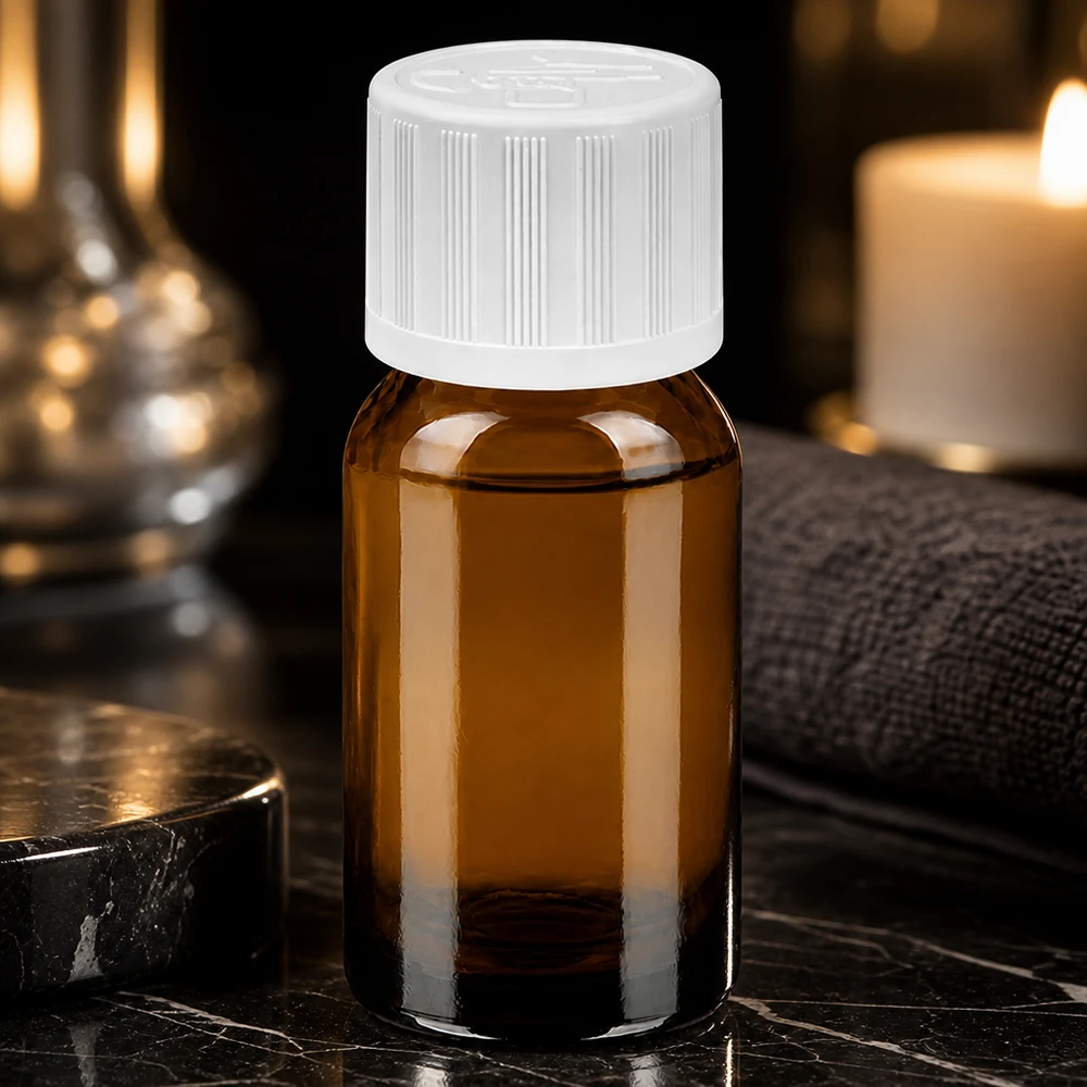 Frasco compacto de 10 ml de vidrio ámbar con protección UV y tapón blanco para homeopatía
