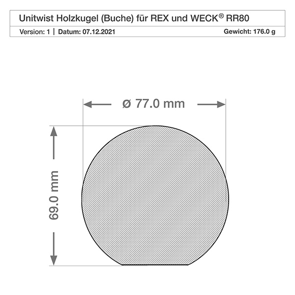 Tarro para delicatessen WECK RR80 de 370ml con bola de madera de haya Dibujo técnico de la bola de haya para el tarro WECK RR80 de dimensiones 77mm de diámetro y 69mm de altura