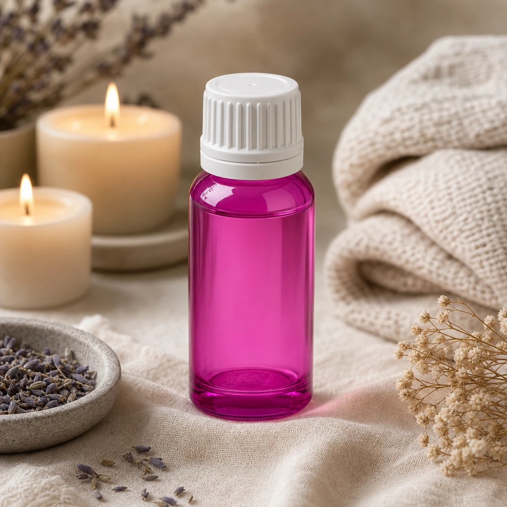 Frasco de vidrio PurpleLine de 20 ml de alta calidad con protección UV y tapón de rosca blanco para aromaterapia