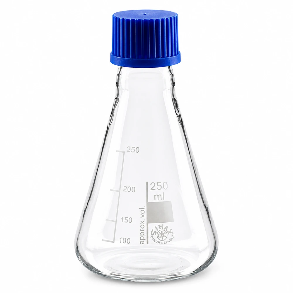 Matraz Erlenmeyer cónico de 250 ml con graduación y tapón azul para mediciones precisas