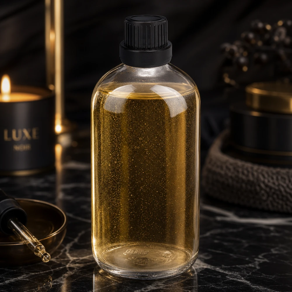 Frasco cuentagotas de 100ml fl. 2mm negro tapón inviolable ClearLine UT18/100 Aceite de color dorado en frasco cuentagotas de cristal transparente de 100 ml con tapón negro OV ClearLine UT18