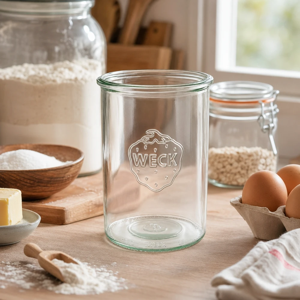 1000ml WECK RR100 mason jar con logo en cocina rustica con ingredientes para hornear y huevos