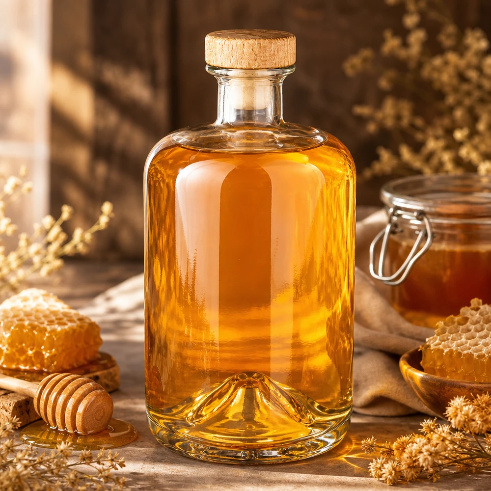 Botella de farmacia de 700 ml «Sofia» con tapón de corcho con asa de madera UNiTWIST® 700ml Glasflasche Sofia mit Naturkorken gefüllt mit goldgelber Flüssigkeit umgeben von Honigwaben und Trockenblumen