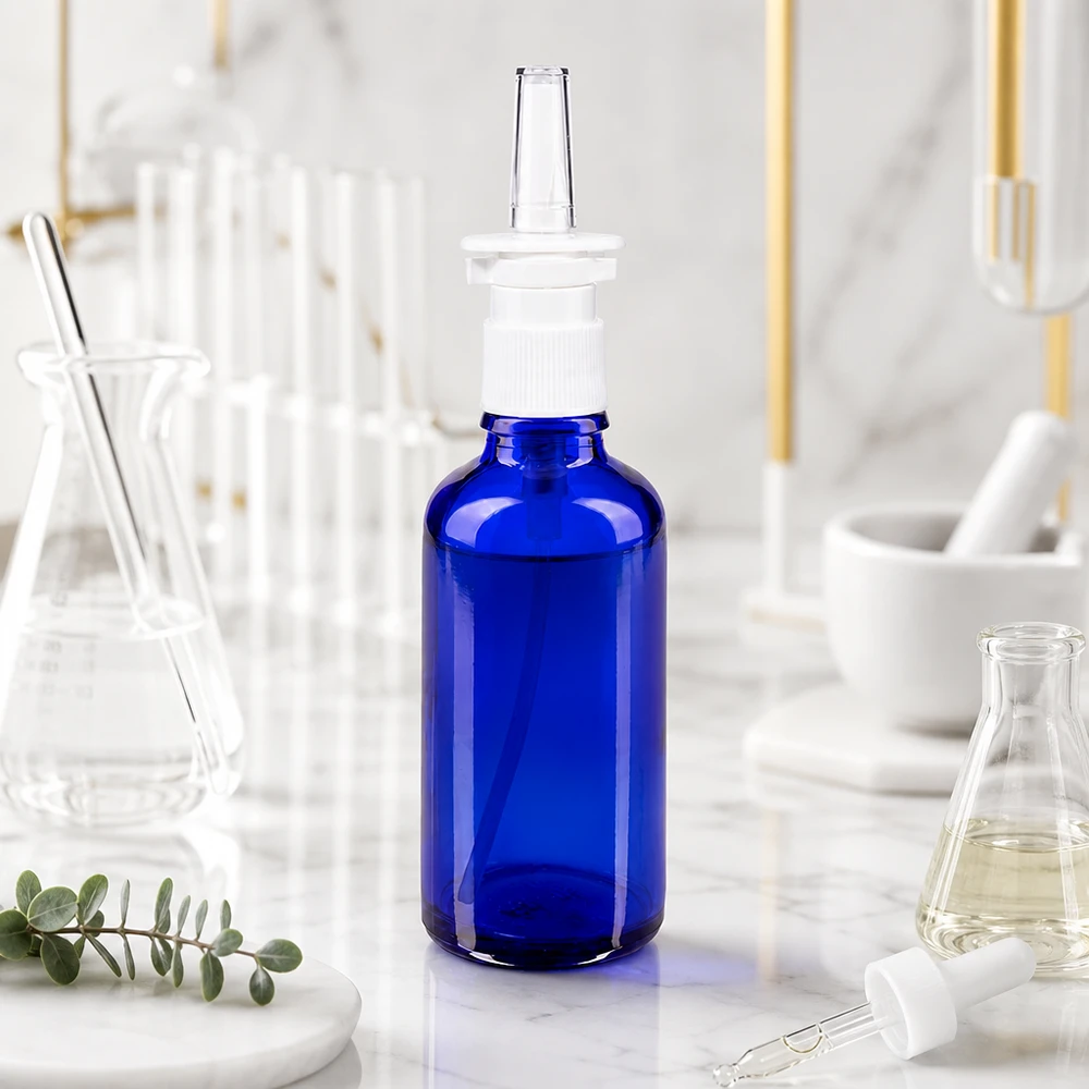 Frasco de cristal azul de 50 ml para spray nasal de farmacia, con boquilla transparente, en un entorno de laboratorio
