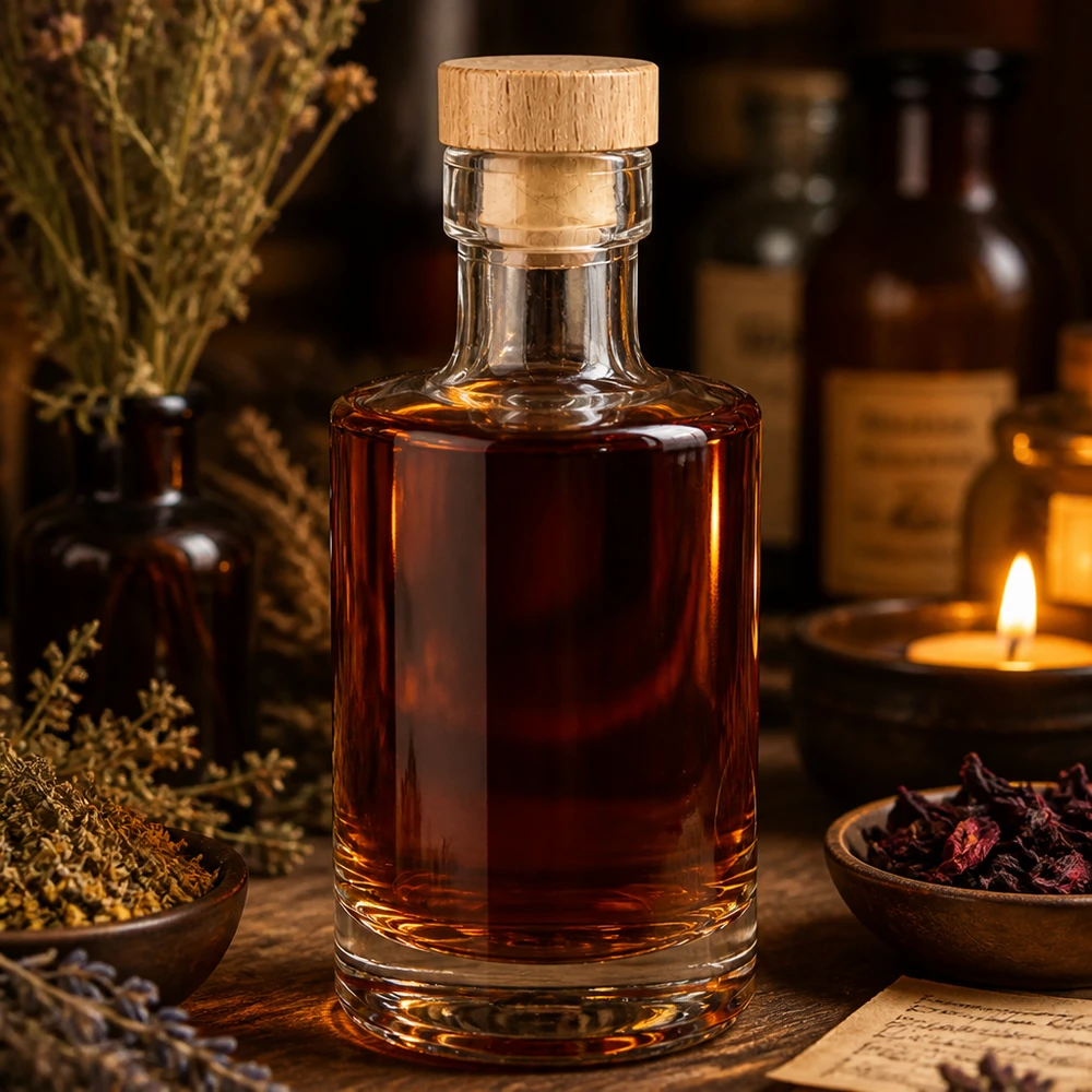 Botella de cristal Marie de 200 ml con líquido de color ámbar, tapón de corcho de madera, decoración rústica con vela y hierbas aromáticas