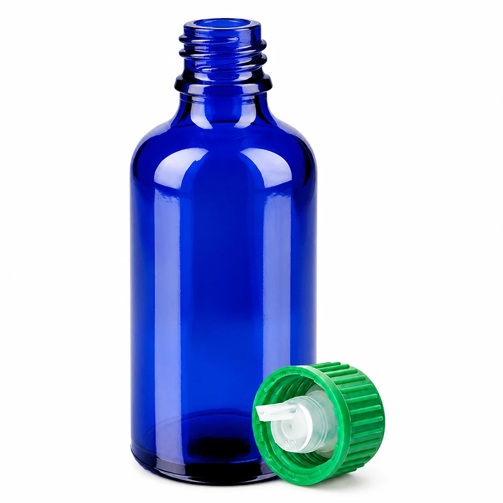 Frasco de vidrio azul de 50 ml con tapón cuentagotas de 0,8 mm para aceites esenciales y tinturas