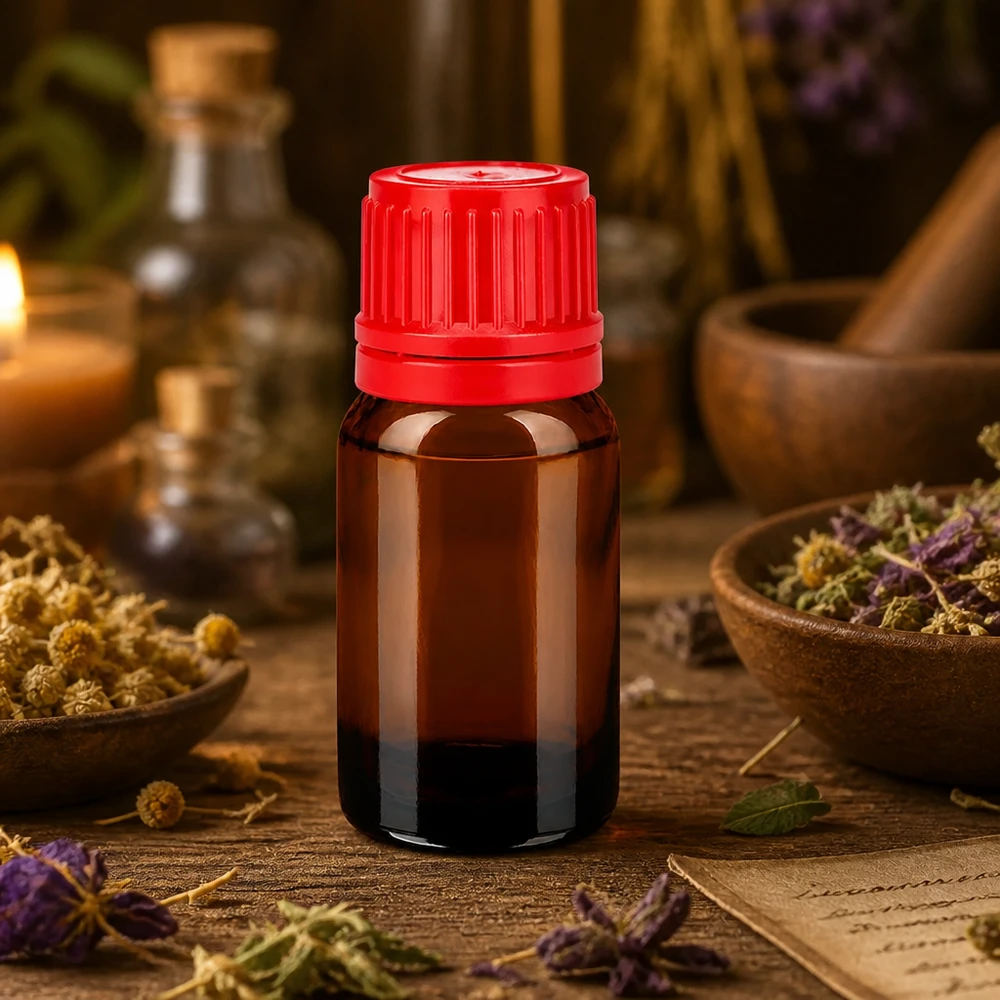 Frasco de vidrio BrownLine de 10 ml con rosca UT18 y tapón inviolable rojo para farmacia