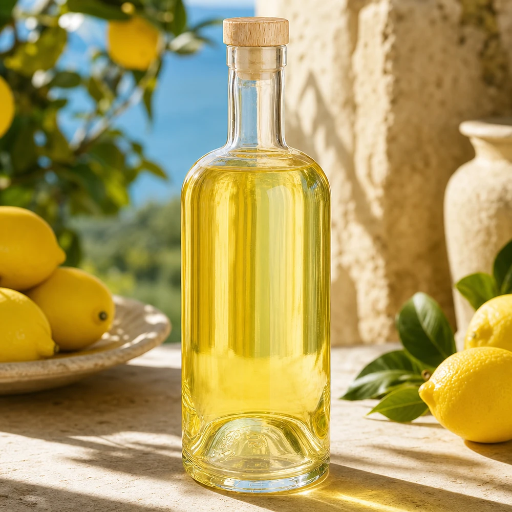 Botella de vidrio de 750 ml «Emma» con tapón de corcho con asa de madera UNiTWIST® Botella de cristal Emma de 750 ml con tapón de madera llena de líquido amarillento en un ambiente mediterráneo de limón