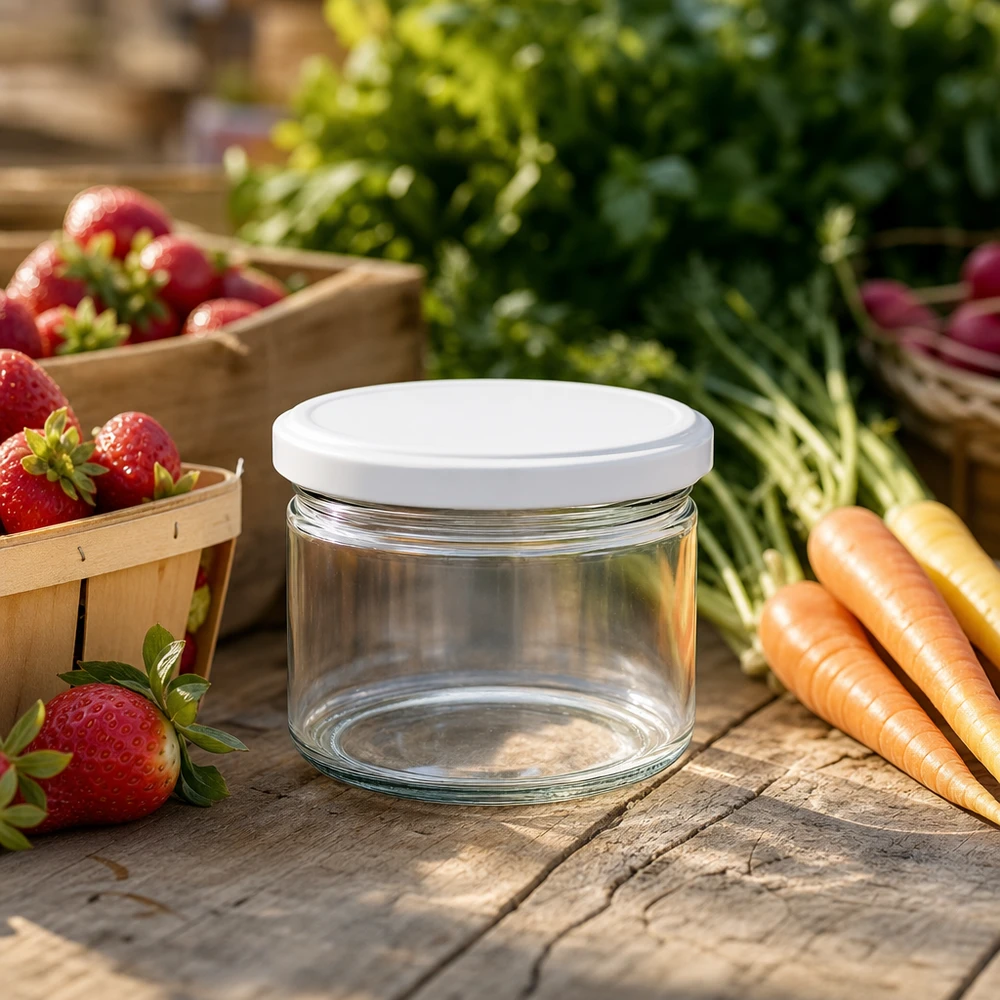 Tarro redondo blanco BasicSeal de 540 ml sobre una mesa de madera con verduras frescas - tarro de almacenamiento ideal para el mercado y al aire libre