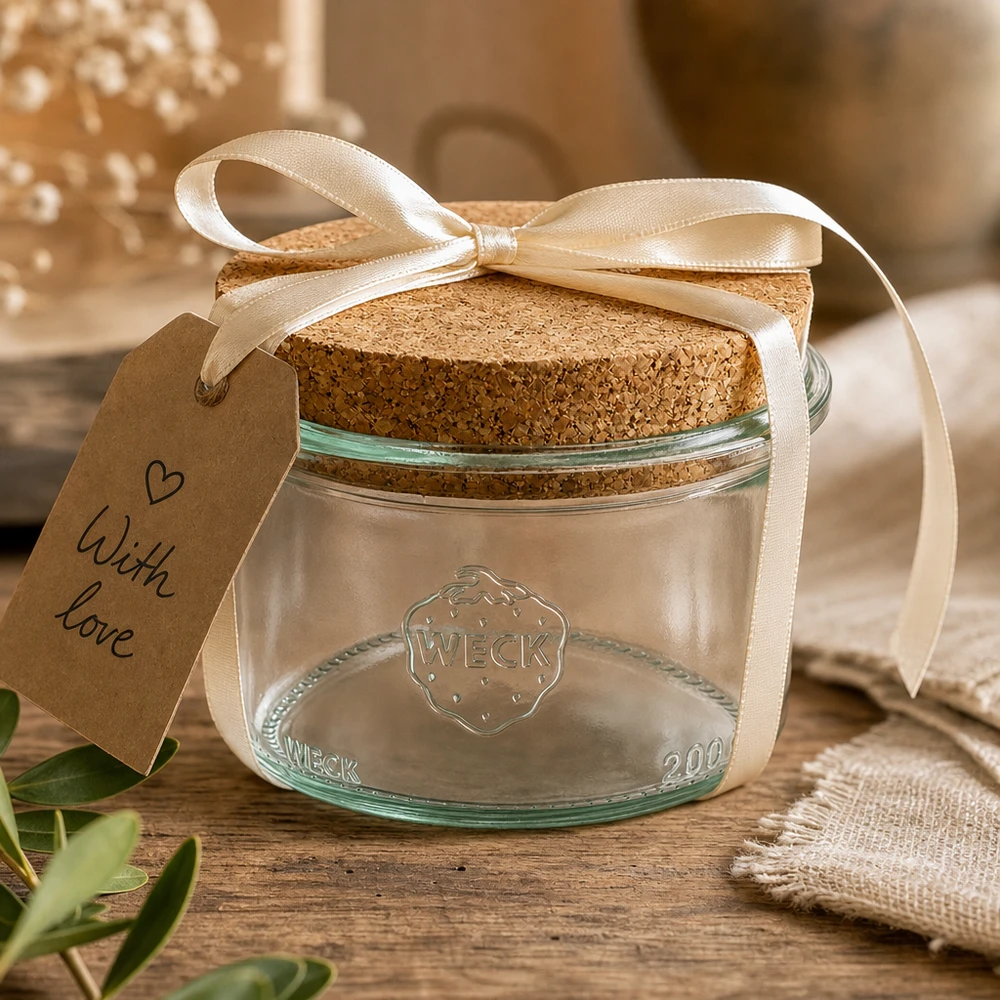Vasos de 200ml WECK RR80 con corcho natural Vasos WECK 200ml RR80 empaquetados decorativamente con cinta y etiqueta de regalo Con amor como idea de regalo