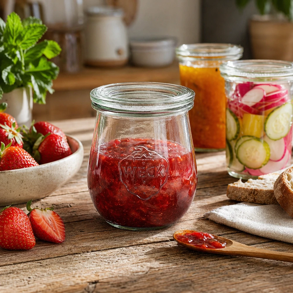 Tarro de cristal con forma de tulipa de 220 ml con tapa de cristal WECK RR60 Tarro tulipán WECK 220ml RR60 con mermelada de fresa en una cocina rústica con otros tarros de conserva e ingredientes frescos