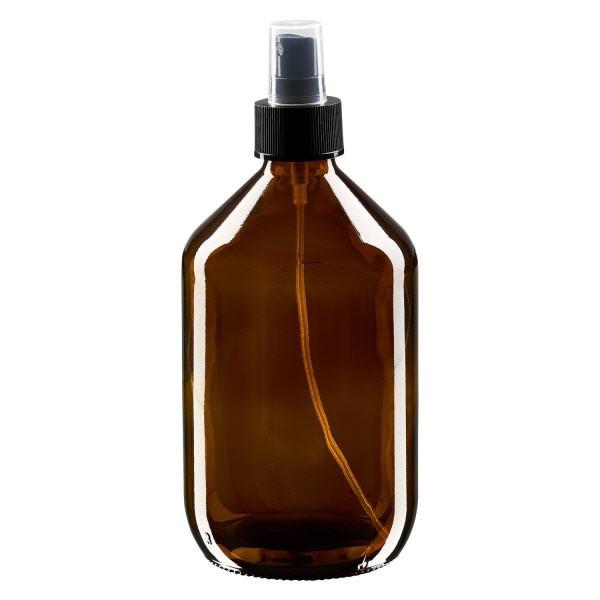 Frasco medicinal 500ml marrón, con bomba atomizadora negra ApoGlas Frasco medicinal 500ml marrón, con bomba atomizadora negra ApoGlas