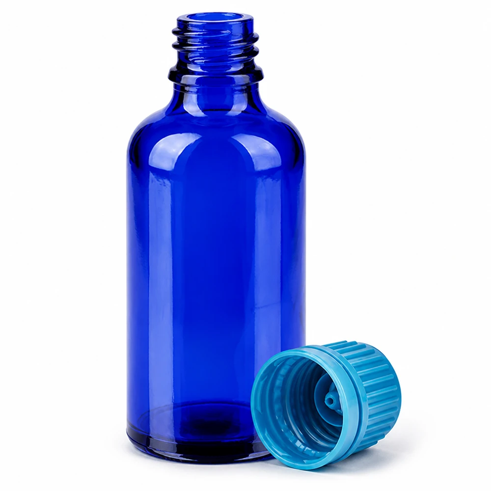 Frasco de laboratorio de vidrio azul de 50 ml con tapón turquesa para aplicaciones farmacéuticas