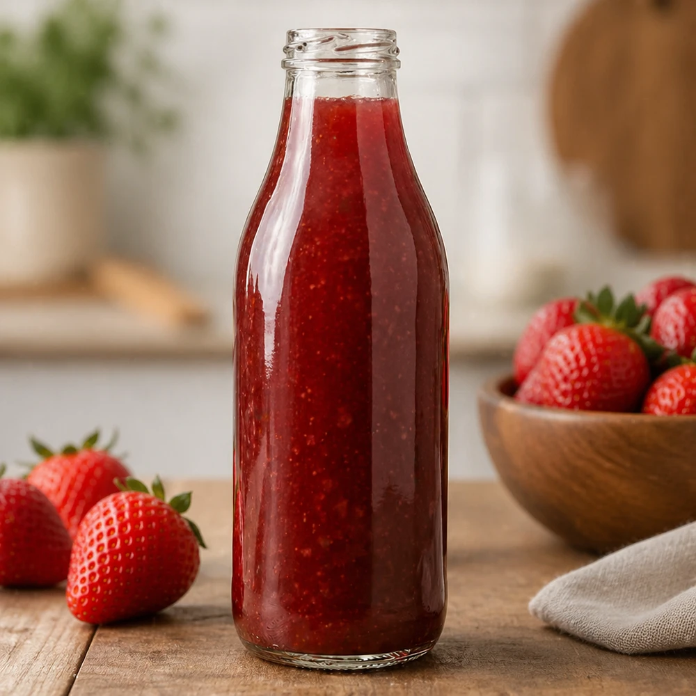 Botella de cristal de 1000 ml TO48 UNiTWIST llena de zumo de fresa en la cocina Aplicación ejemplo botella roja para batidos
