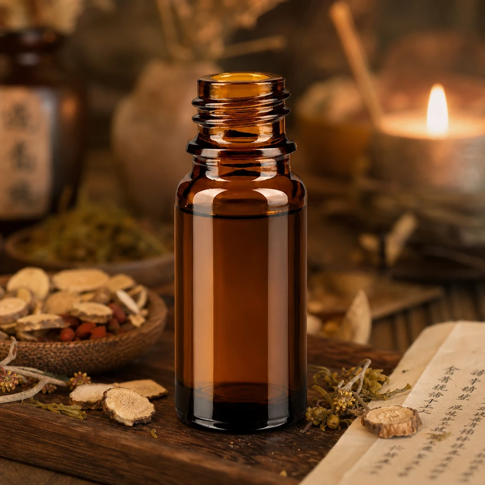 Frasco de farmacia marrón ApoGlas de 10 ml con hierbas medicinales asiáticas y luz de velas en un ambiente tradicional de MTC