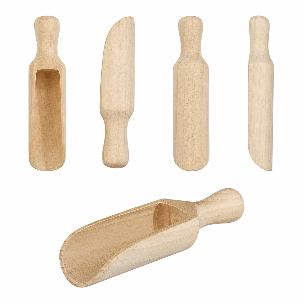 Pala de madera tamaño M forma semicircular - 140mm de largo Juego de palas de madera de diferentes tamaños y formas fabricadas en madera natural con pala semicircular de 14 cm en comparación