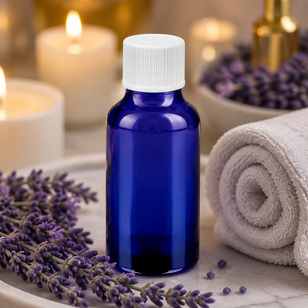 Frasco de aromaterapia de 20ml en azul cobalto con tapón blanco SV 11mm para aceite de lavanda