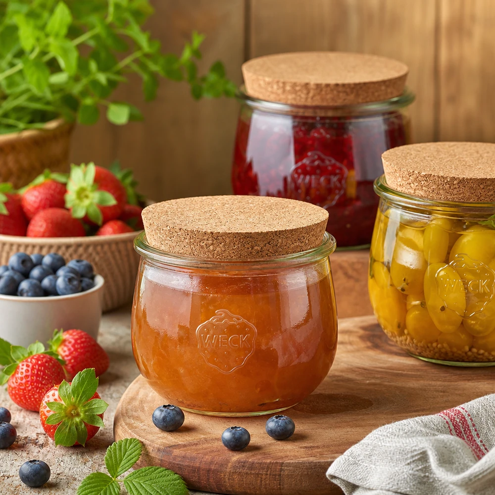 580ml tarro tulipán WECK RR100 con corcho natural Tarros de tulipán WECK con tapas de corcho llenos de mermelada y verduras encurtidas junto a bayas frescas