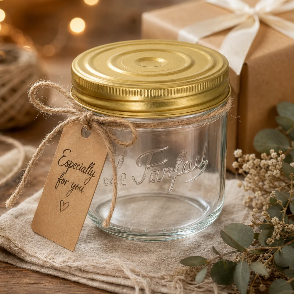Le Parfait® Familia Wiss 350 g Ø100 mm tarro Vasos Familia Wiss de 415 ml con tapa dorada y etiqueta de regalo decorados sobre una mesa de madera rústica