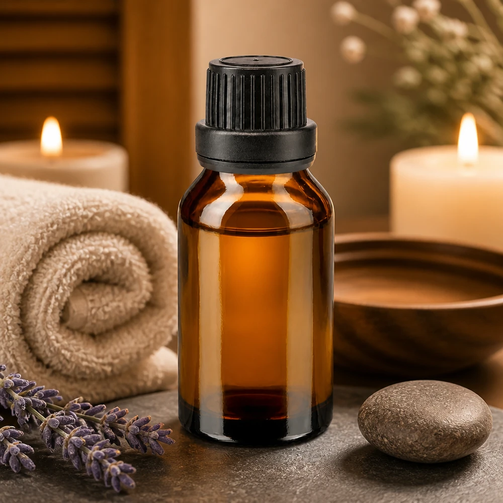 Botella de farmacia marrón 15ml tapón cuentagotas anillo vertedor 2mm tapón inviolable negro Botella de cristal marrón de 15 ml con tapón de seguridad para niños de color negro, junto a ramitas de lavanda y velas