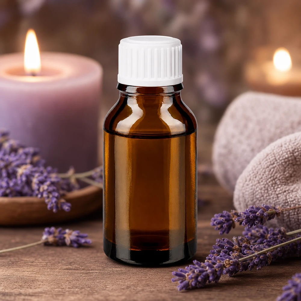 Frasco de farmacia de 30 ml de vidrio ámbar con tapón cuentagotas blanco para aceite de lavanda y aromaterapia