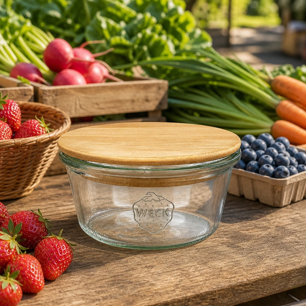 Vasos WECK 290ml RR100 con tapa de madera de bambú dispuestos entre frutas y verduras frescas en una mesa de madera rústica