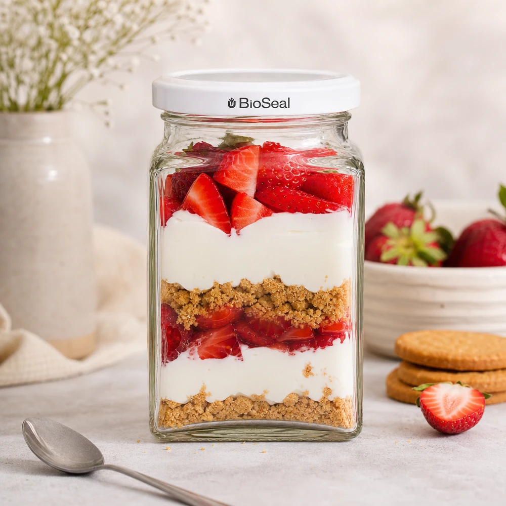 Tarro tetra 260ml + tapa BioSeal blanco UNiTWIST UNiTWIST Tetra260 Dessertglas mit Erdbeeren Joghurt Kekskrümeln geschichtet weißer TO58 BioSeal Deckel Nachtisch