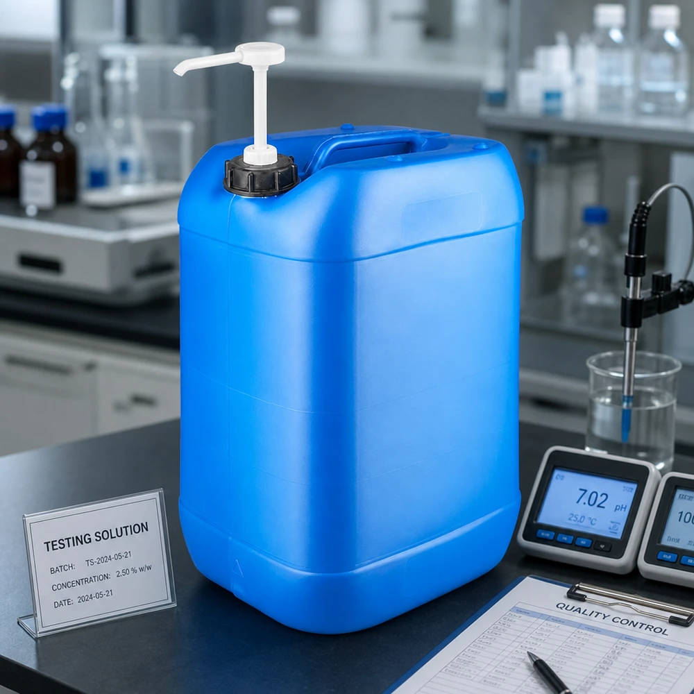 Bidón azul de 25 litros con bomba dosificadora junto a un medidor de pH sobre una encimera de laboratorio negra