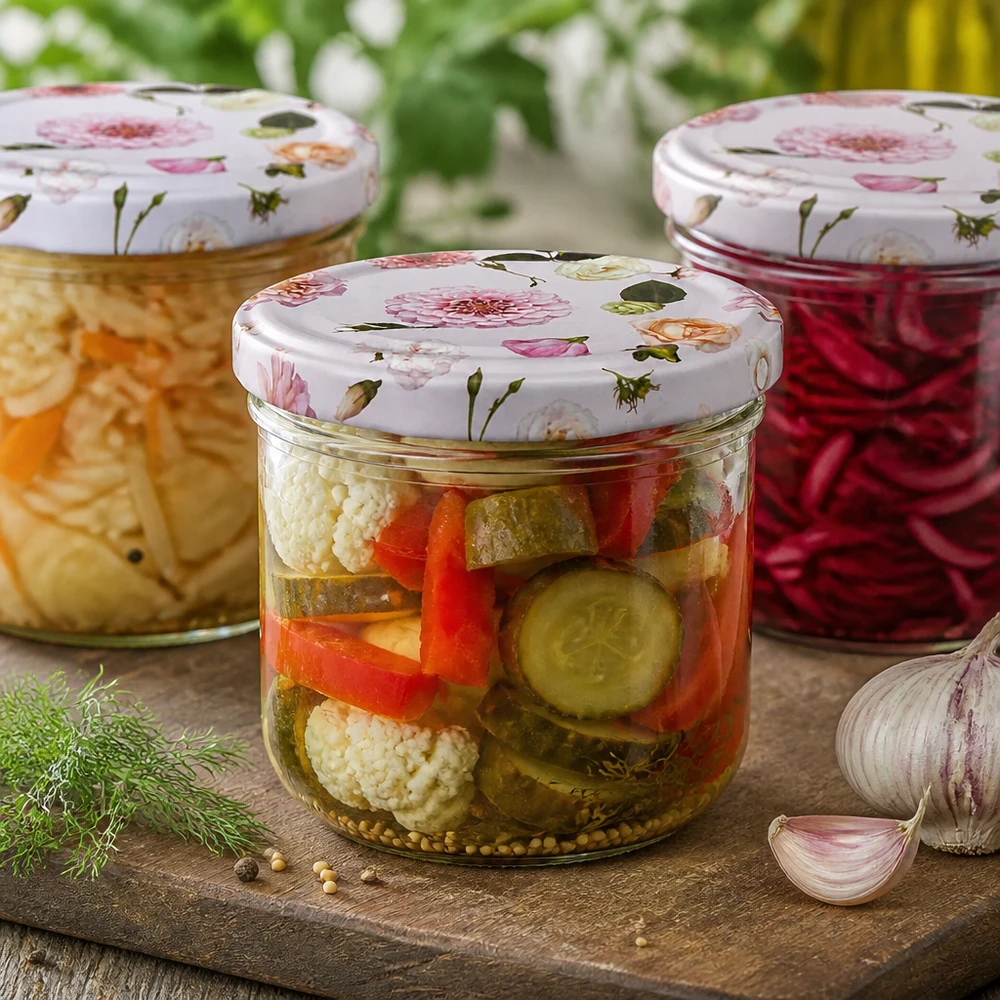 Verduras en escabeche en vasos de 260 ml con tapas de flores rosas - tarro para conservas de encurtidos y encurtidos