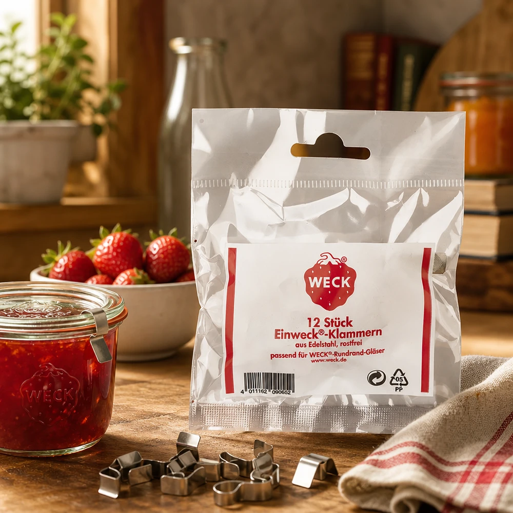 WECK Original juego de pinzas 12 piezas sobre mesa de madera con tarro de conserva fresas mermelada cocina estilo de vida escena