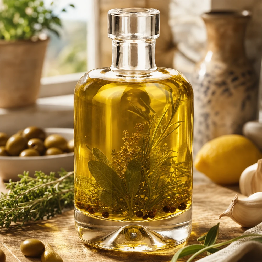 Botella de vidrio de 50 ml «50ml Glasflasche "Amelie" ohne Verschluss UNiTWIST» sin tapón UNiTWIST® Botella de cristal Amelie 50ml llena de aceite de hierbas muestra aplicación para aceites de especias y vinagres en la cocina