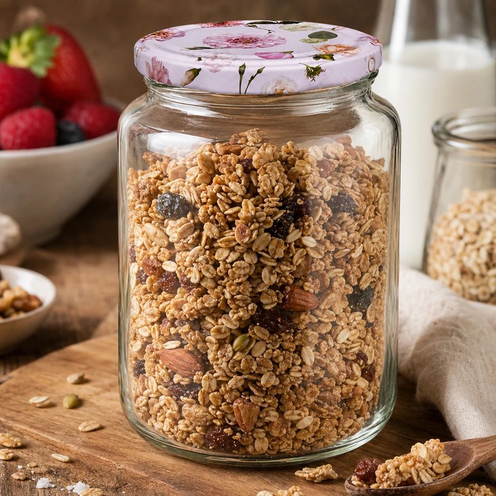 Tarro redondo de 795 ml + tapa BasicSeal rosa flor UNiTWIST 795ml Rundglas mit Müsli Nüssen Trockenfrüchten BasicSeal Deckel rosa Blumen Frühstück Vorratsbehälter Küche