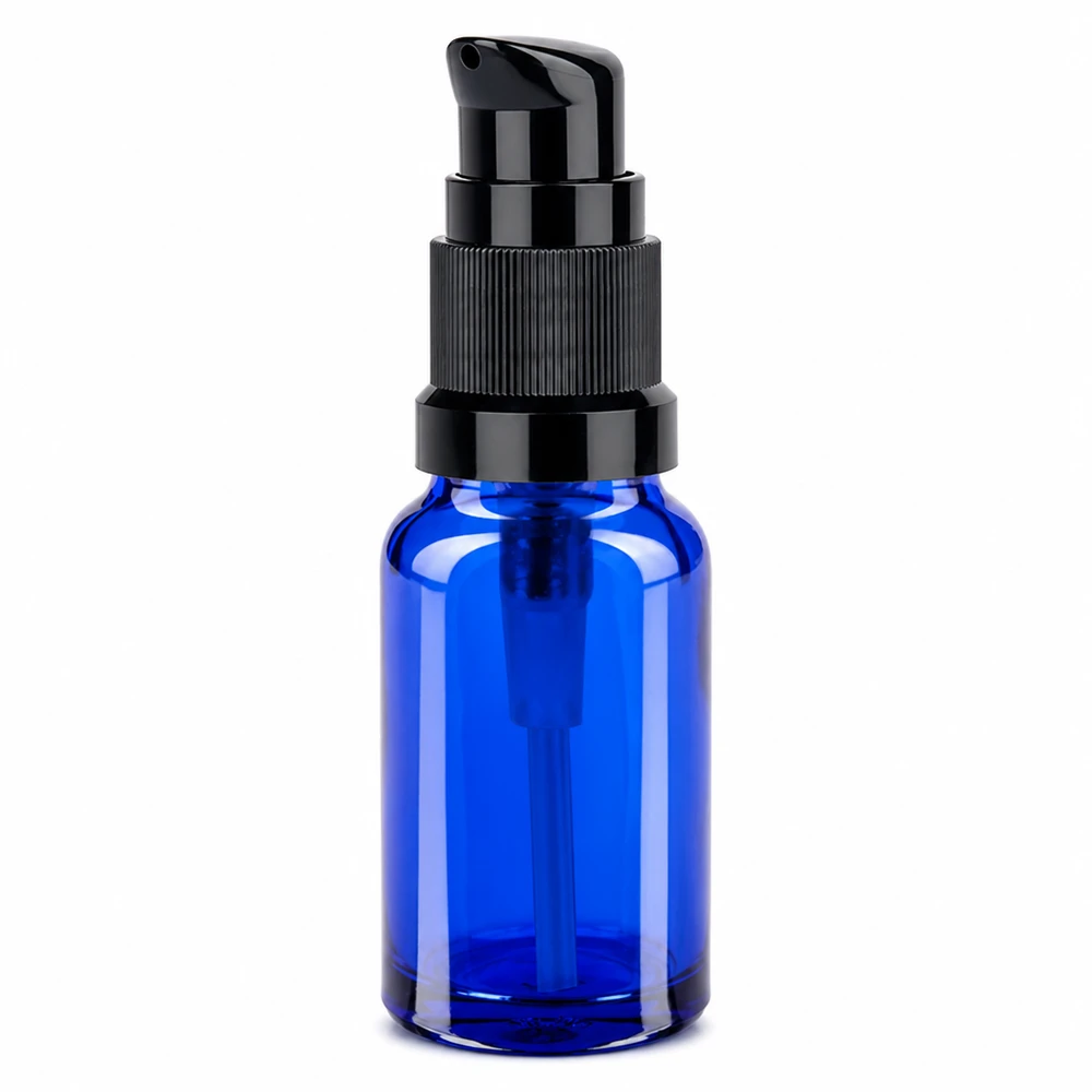 Frasco de vidrio azul de 10 ml con dosificador de bomba negro STD BlueLine UT18/10 para cosméticos