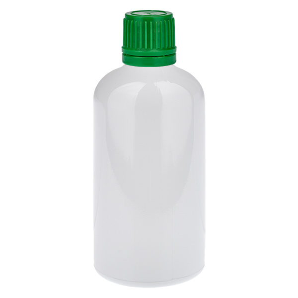 Botella de 100 ml con tapón de rosca verde de 11 mm, tapón de seguridad WhiteLine UT18/100 Botella de 100 ml con tapón de rosca verde de 11 mm, tapón de seguridad WhiteLine UT18/100