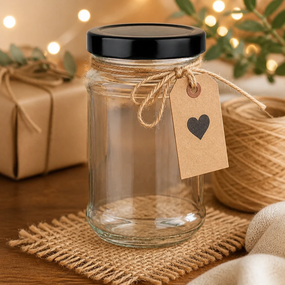 Tarro redondo de 390 ml con tapa negra UNiTWIST como idea de regalo con colgante de corazón en una acogedora decoración navideña