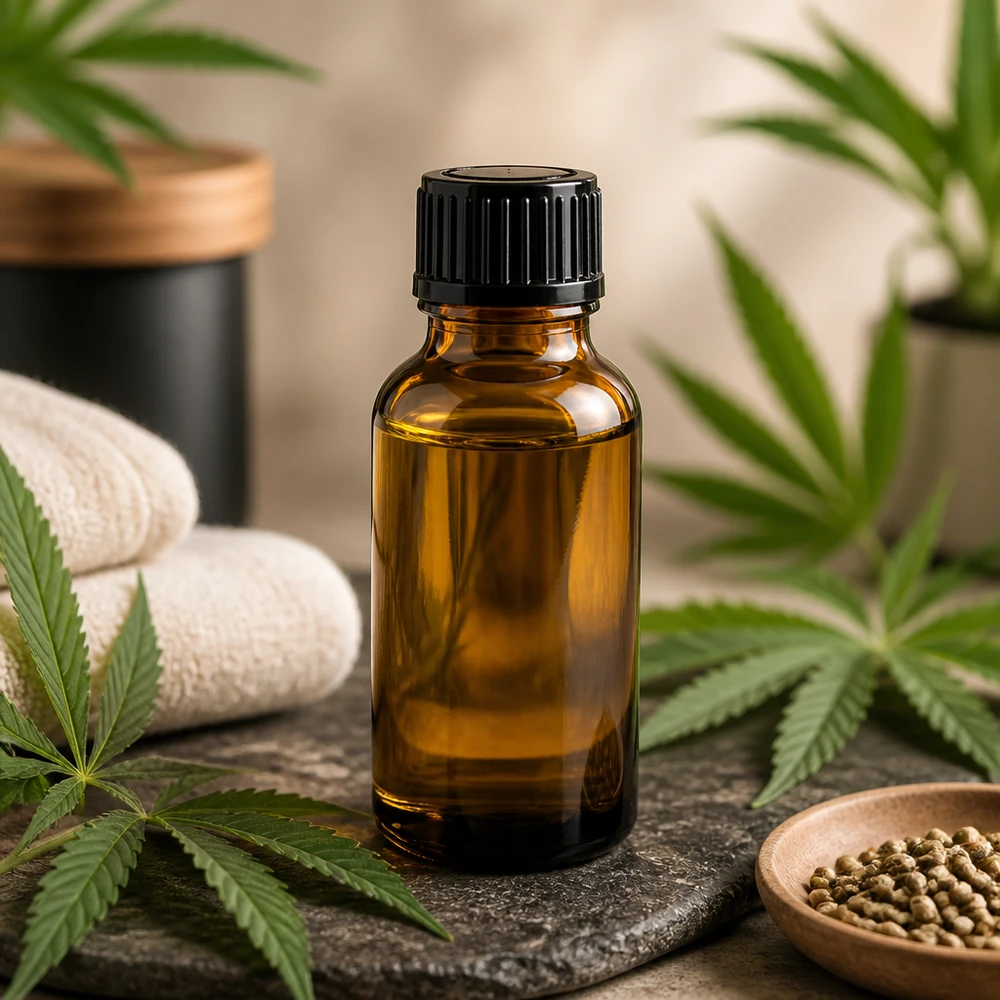 Frasco cuentagotas marrón de 20 ml, de cristal de farmacia, con tapón negro, entre hojas de cannabis