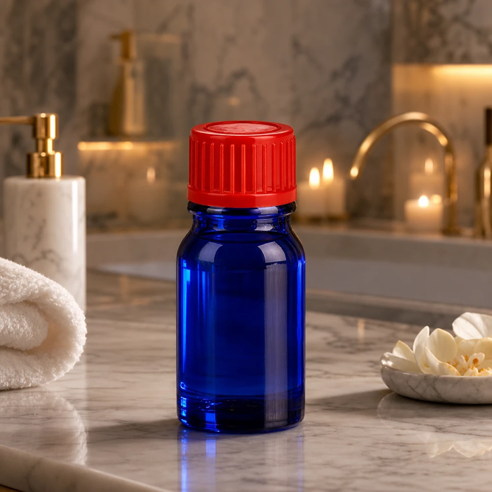 Frasco de 5 ml con tapón de rosca de 11 mm rojo estándar BlueLine UT18/5 Botella de cristal azul de 5 ml con tapón rojo de alta calidad para un almacenamiento profesional