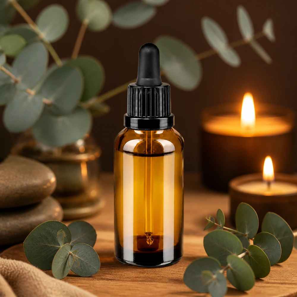 Frasco pipeta marrón de 30 ml con tapón negro para cosmética y aromaterapia