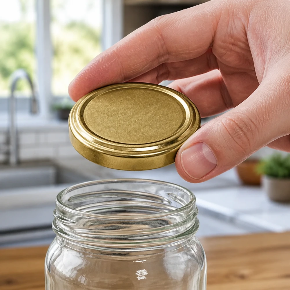 Una mano coloca la tapa dorada UNiTWIST TO66 en un tarro de conserva vacío BioSeal sin BPA ni NI de unitemp